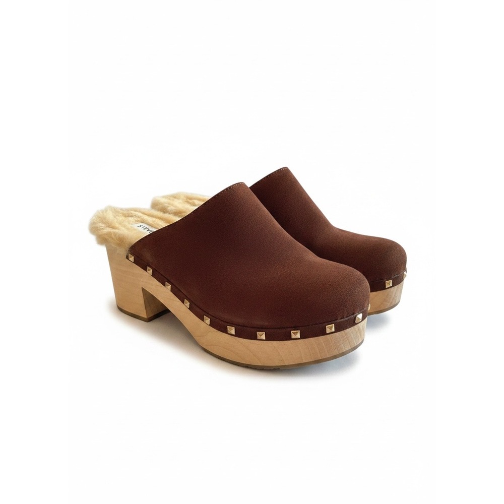 Steve Madden Brooklyn Clogs 7.5 Brown Suede Studded Faux Fur Lined Boho Retro